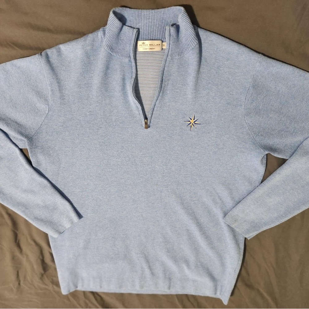 Peter Millar Blue Zip Up Sweater with Stand-Up Collar